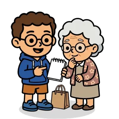 Alan le enseña sus cuentas en una libreta a su abuelita