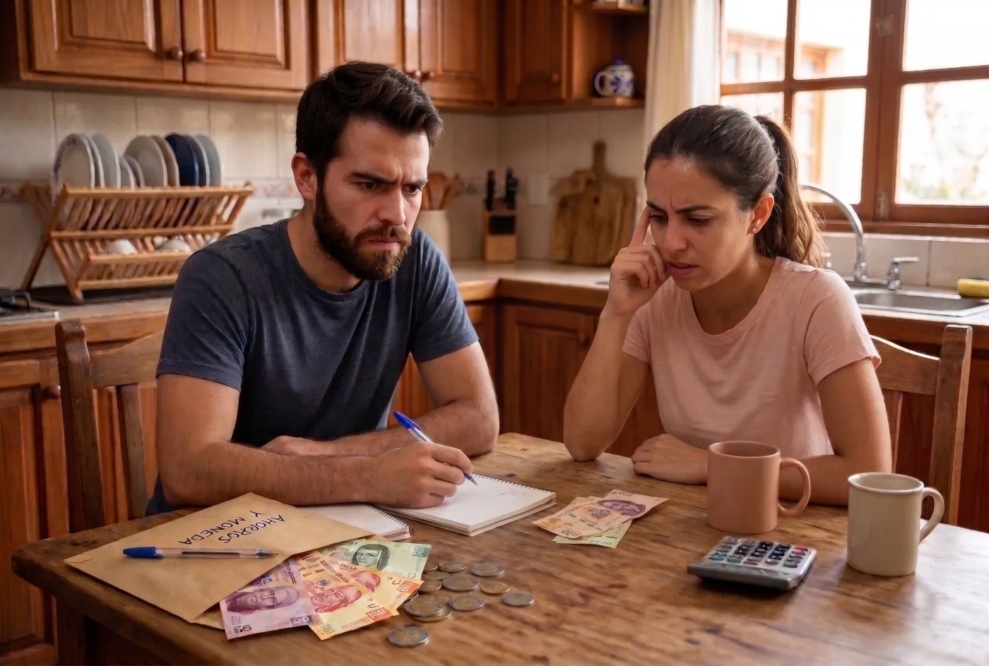 Una pareja en la mesa de la cocina revisa billetes, una libreta y la calculadora con cara de preocupación